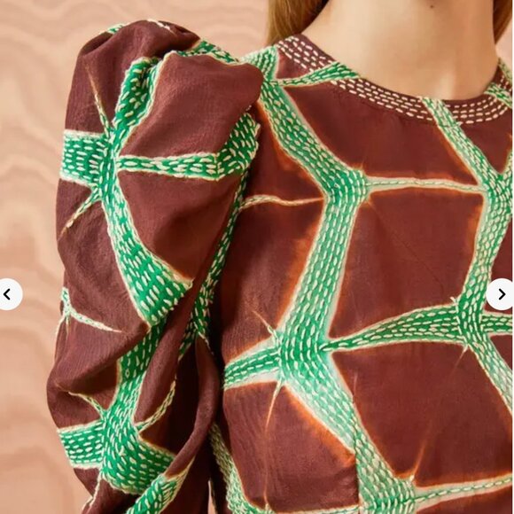 ULLA JOHNSON 100% Silk Brown and Green Leyla Blouse Size 00 - Picture 2 of 10